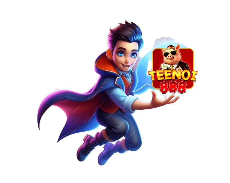 การ์ตูนฮีโร่ถือเหรียญ TENO168 พร้อมเอฟเฟกต์พลังงานและท่าทางแอ็กชัน